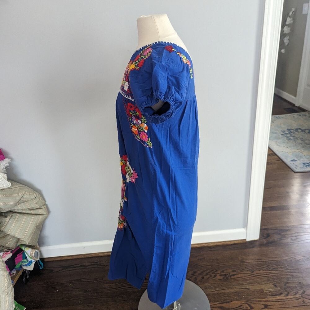 Vintage Puebla Maxi Dress Small 70s Blue Colorful Flower Basket Cotton - Picture 8 of 10